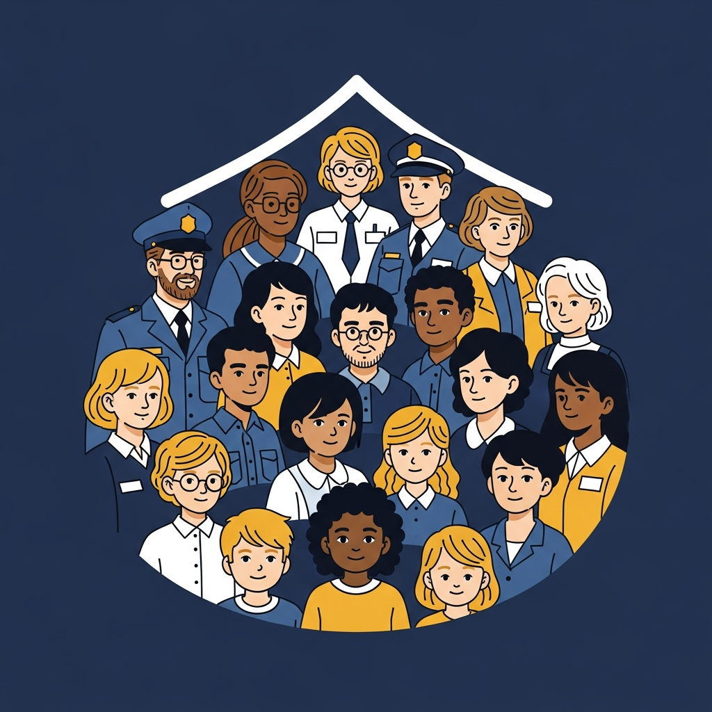 Abstract illustration of professionals and community members forming a protective circle around young people