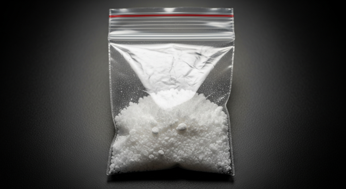 Ketamine — white crystalline powder in a press-seal bag, as typically seen in the illicit drug market