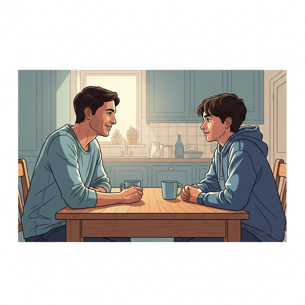 Parent having an open conversation with their teenager at home