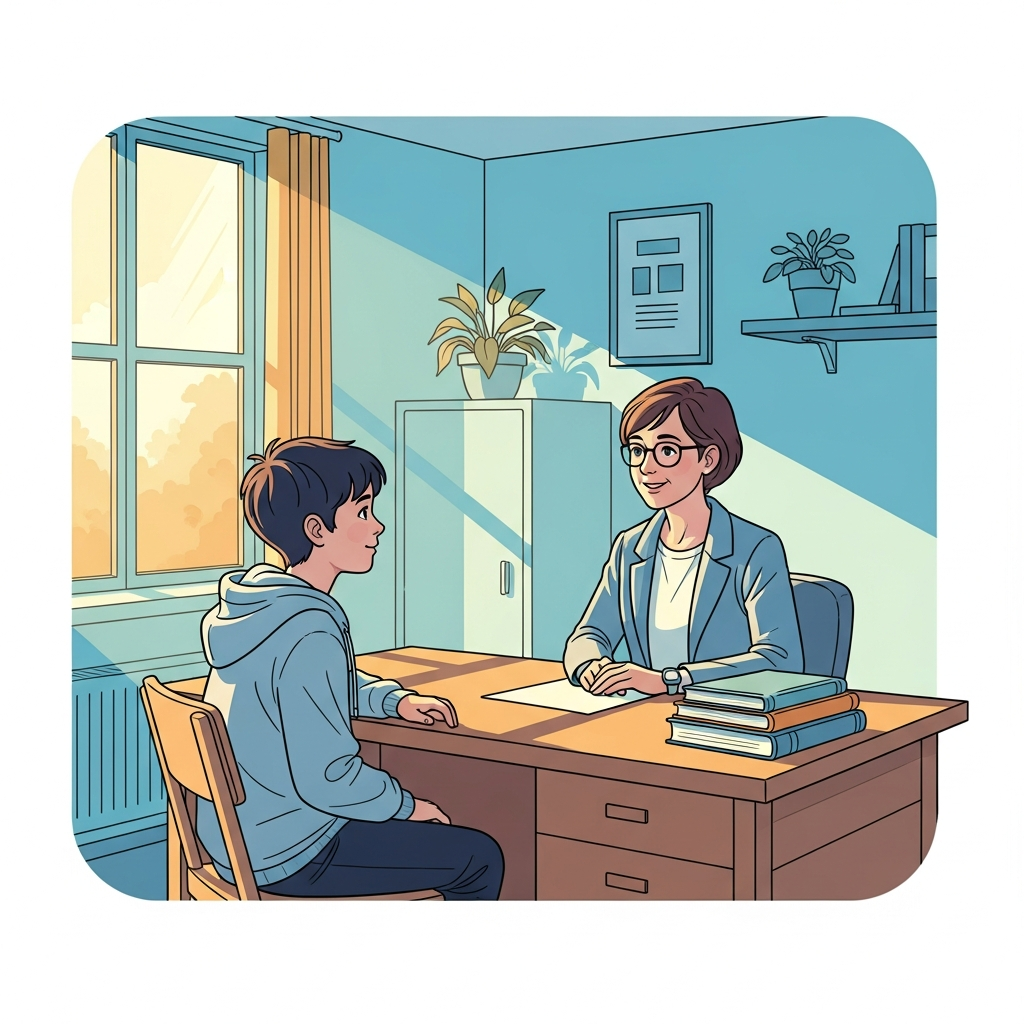 A young person in a supportive conversation with a school counsellor