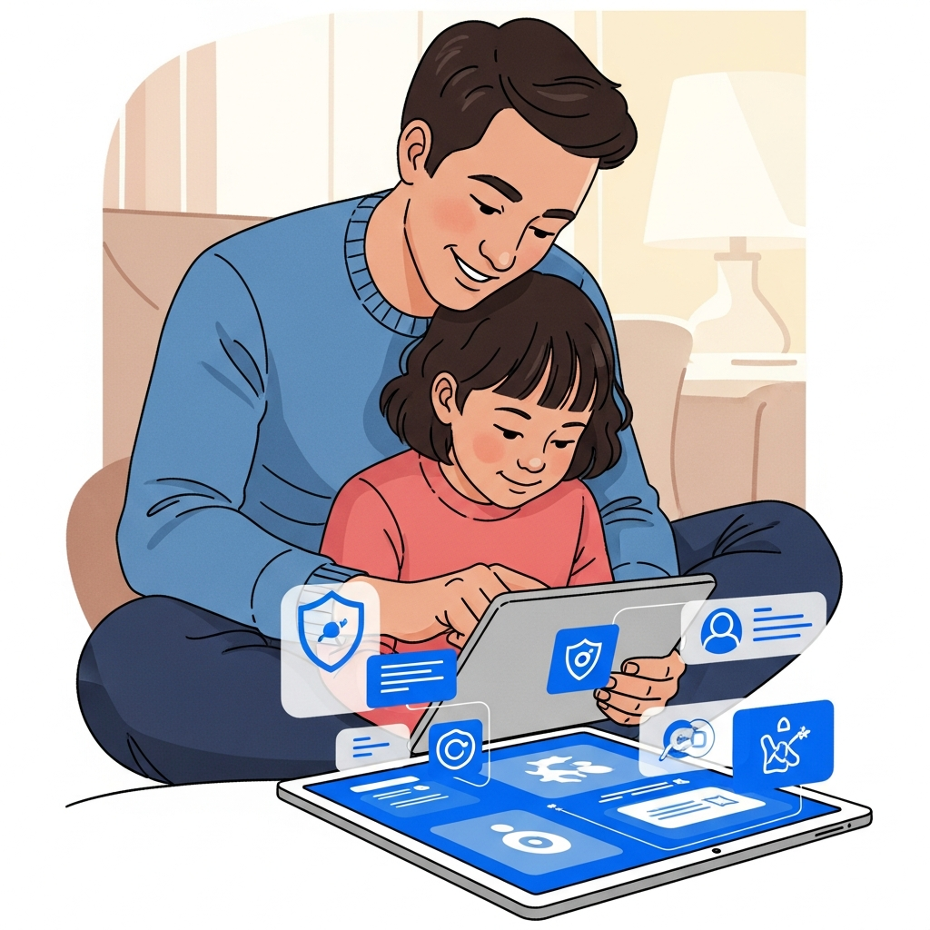 Parent and child reviewing online safety settings together on a tablet